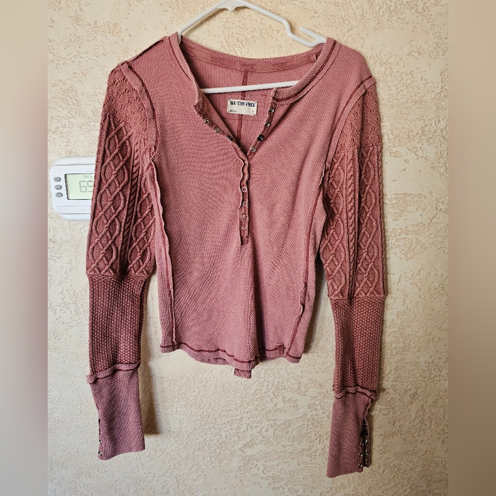 FREE PEOPLE Twisted Cable Cuff Henley Long Sleeve, Size Large